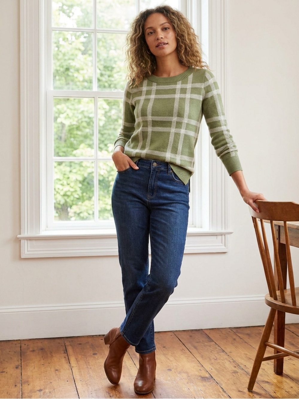 LOFT Olive Green and White Plaid Crewneck Sweater